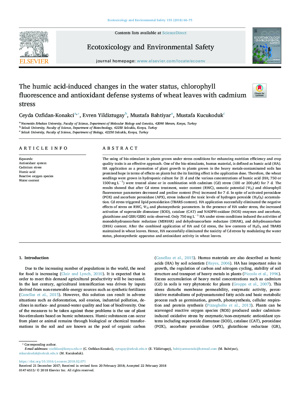 The humic acid-induced changes in the water status, chlorophyll fluorescence and antioxidant defense systems of wheat leaves with cadmium stress