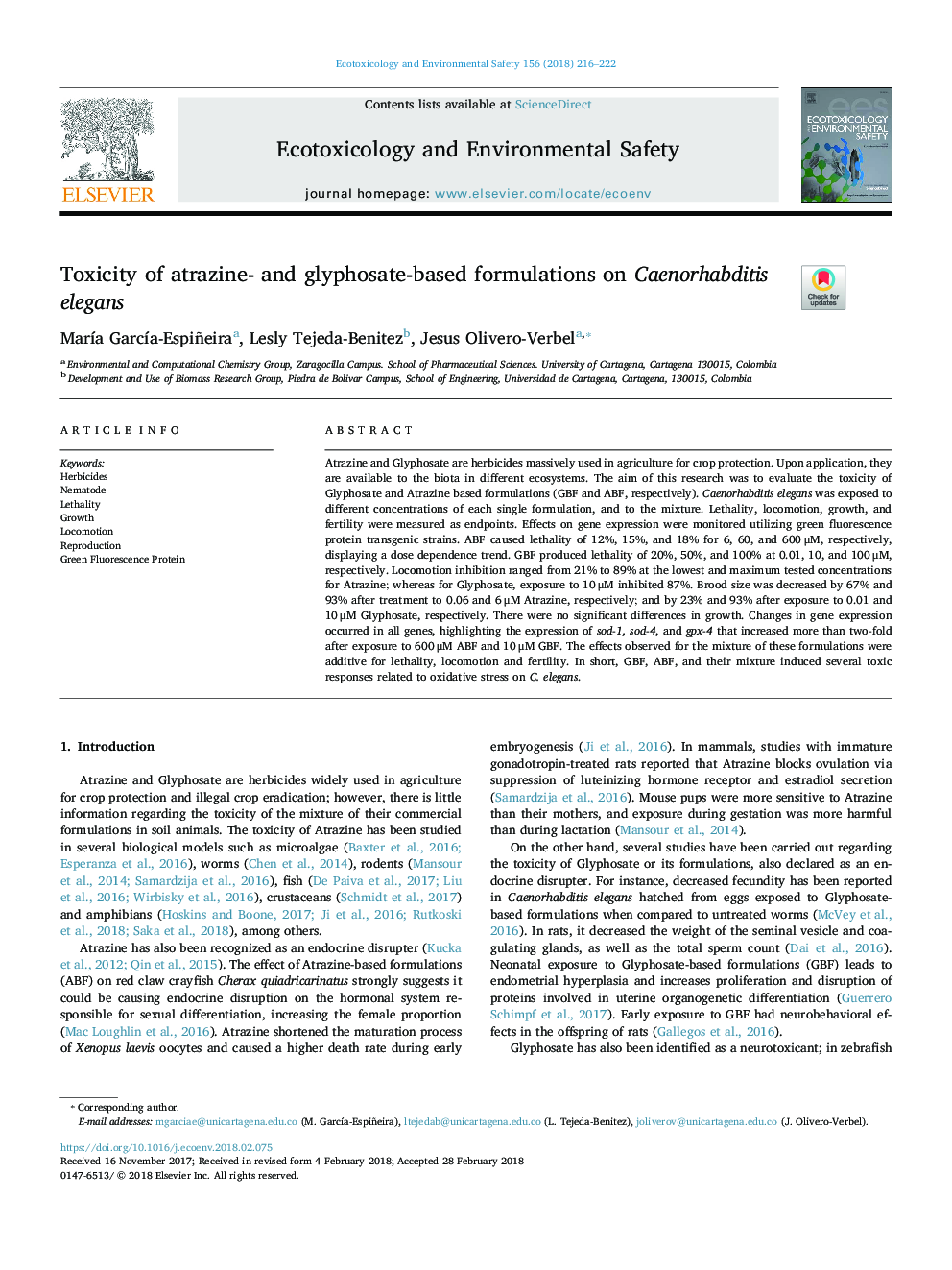 Toxicity of atrazine- and glyphosate-based formulations on Caenorhabditis elegans