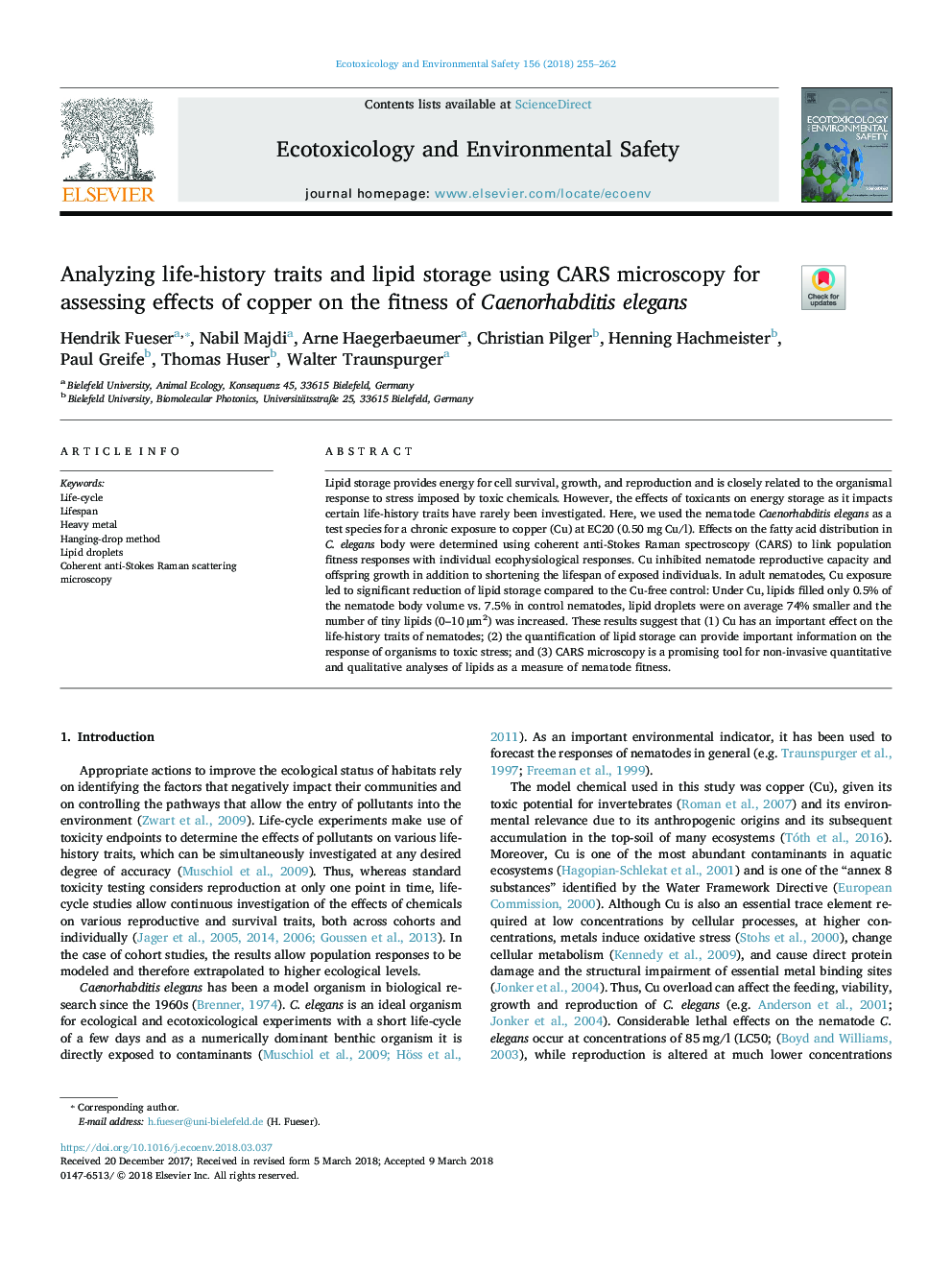 Analyzing life-history traits and lipid storage using CARS microscopy for assessing effects of copper on the fitness of Caenorhabditis elegans