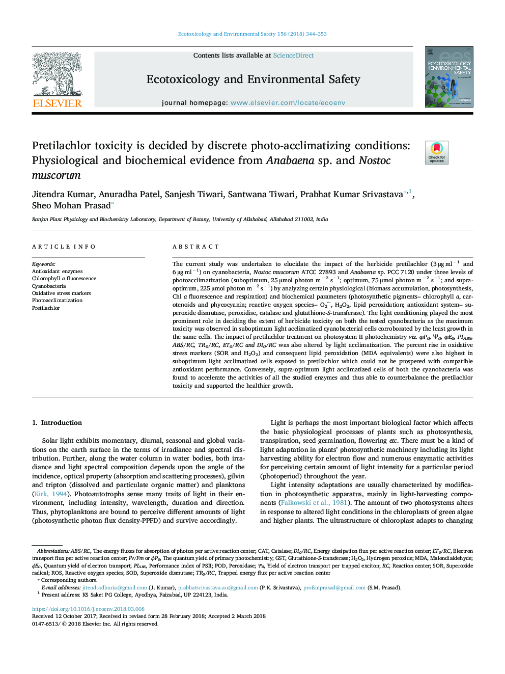 Pretilachlor toxicity is decided by discrete photo-acclimatizing conditions: Physiological and biochemical evidence from Anabaena sp. and Nostoc muscorum