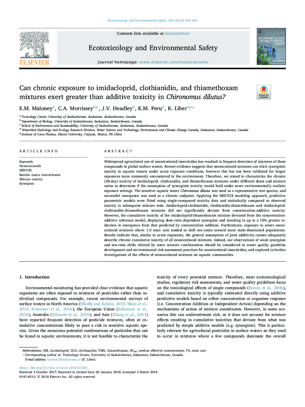 Can chronic exposure to imidacloprid, clothianidin, and thiamethoxam mixtures exert greater than additive toxicity in Chironomus dilutus?