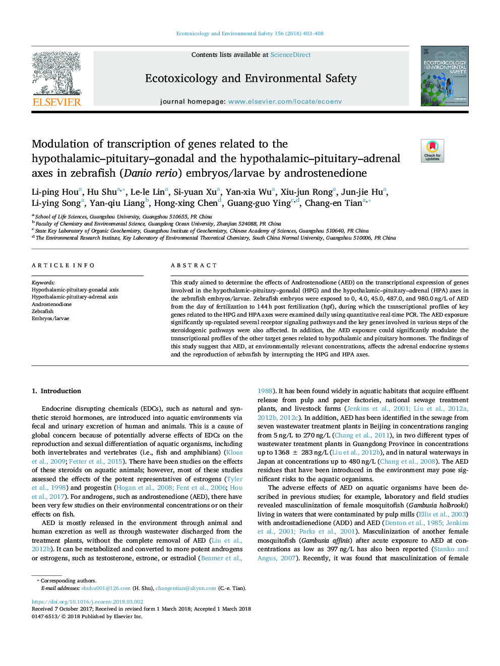 Modulation of transcription of genes related to the hypothalamic-pituitary-gonadal and the hypothalamic-pituitary-adrenal axes in zebrafish (Danio rerio) embryos/larvae by androstenedione