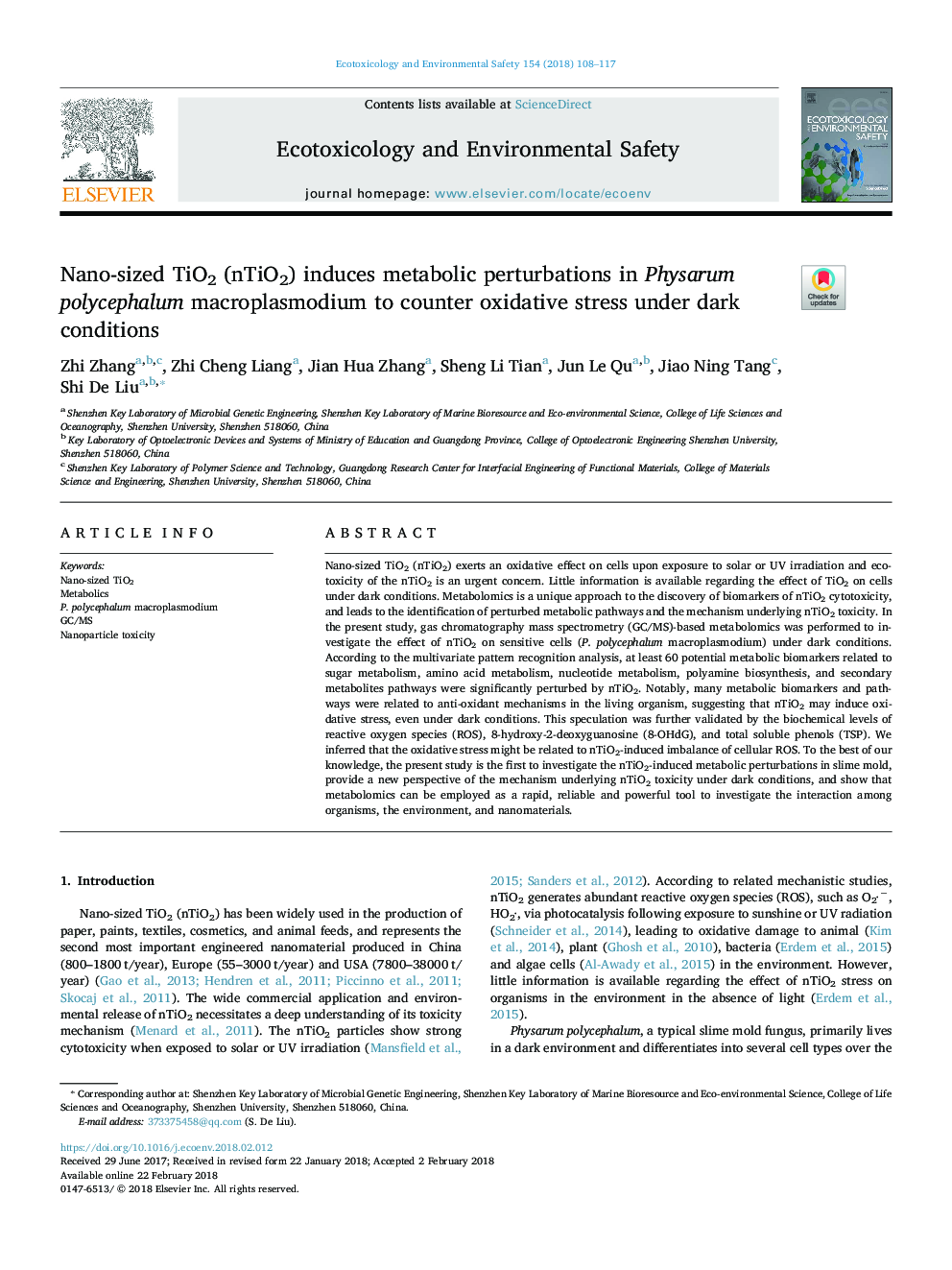Nano-sized TiO2 (nTiO2) induces metabolic perturbations in Physarum polycephalum macroplasmodium to counter oxidative stress under dark conditions