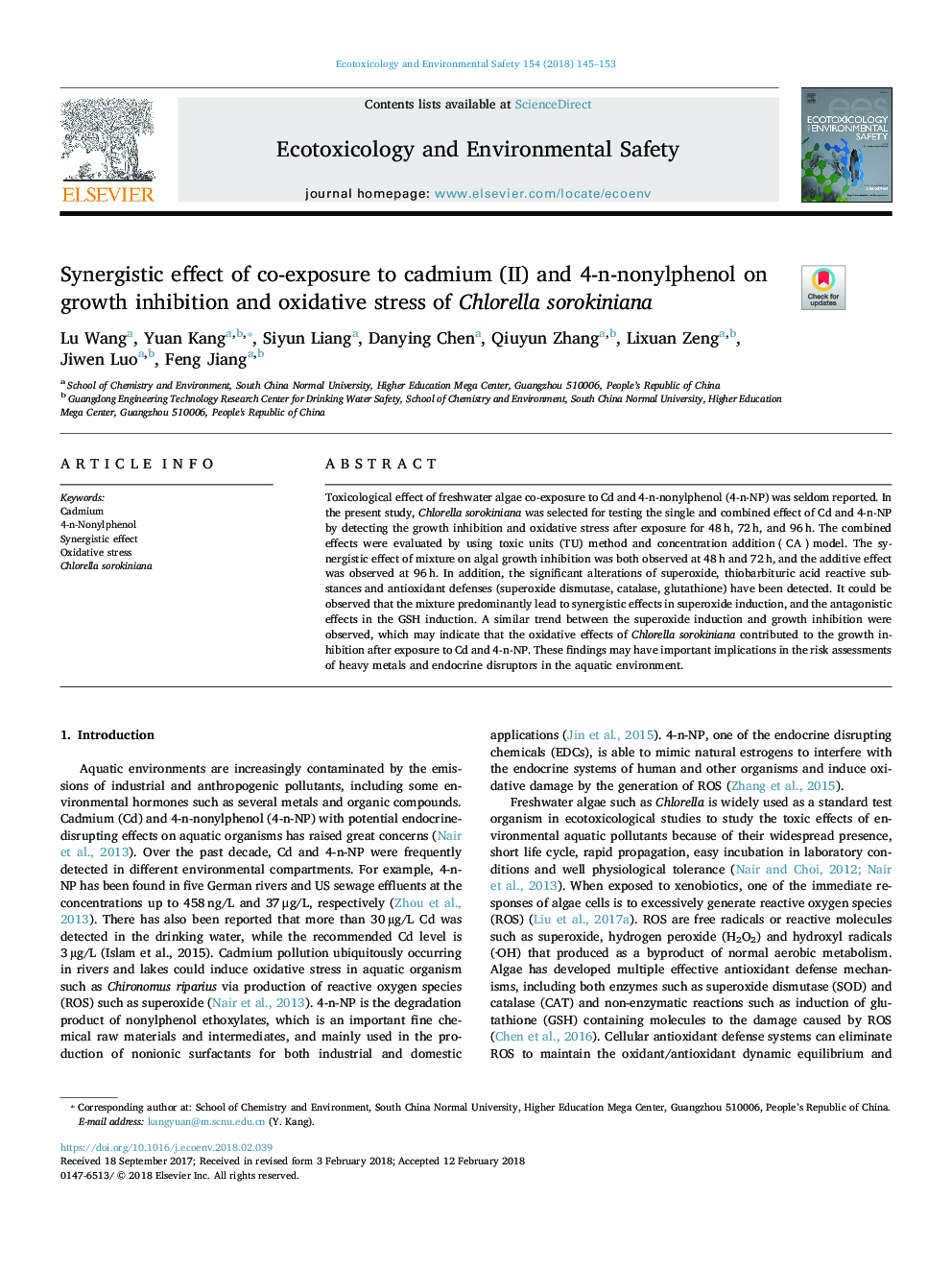 Synergistic effect of co-exposure to cadmium (II) and 4-n-nonylphenol on growth inhibition and oxidative stress of Chlorella sorokiniana