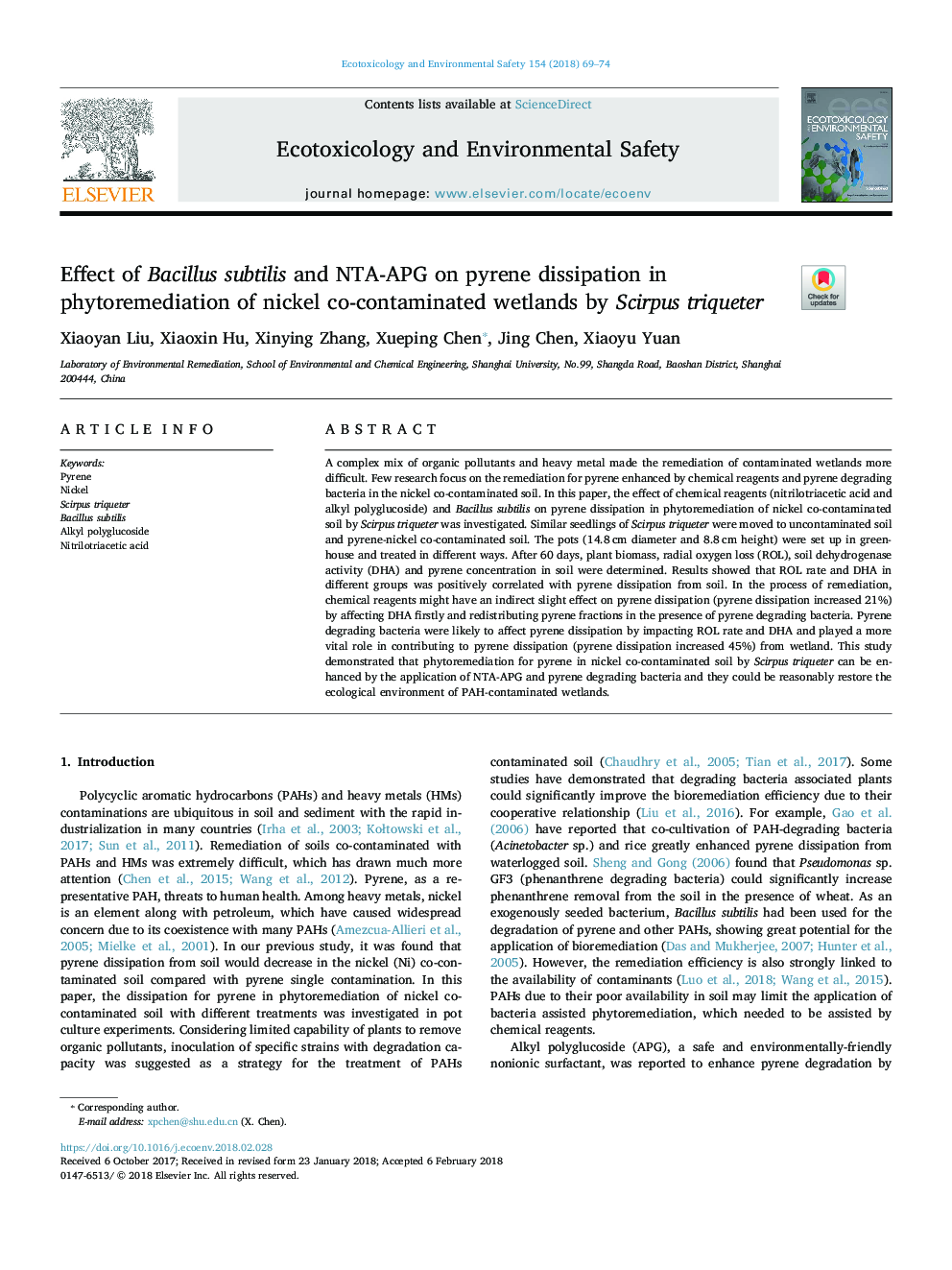 Effect of Bacillus subtilis and NTA-APG on pyrene dissipation in phytoremediation of nickel co-contaminated wetlands by Scirpus triqueter