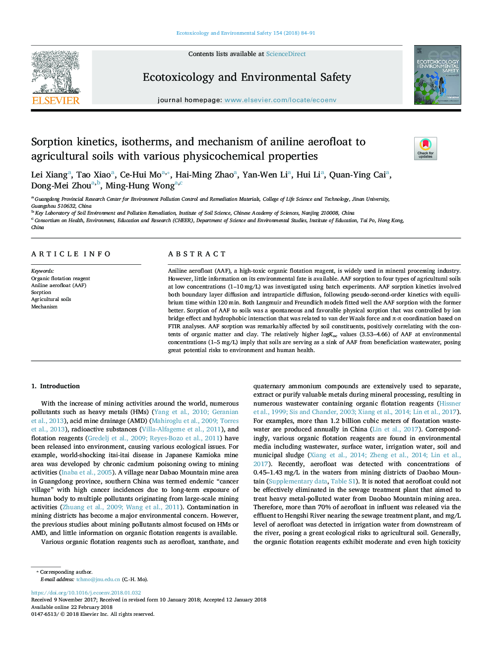 Sorption kinetics, isotherms, and mechanism of aniline aerofloat to agricultural soils with various physicochemical properties