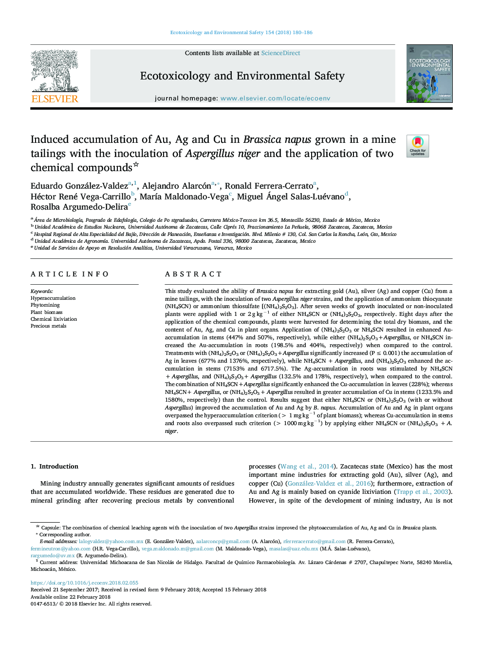 Induced accumulation of Au, Ag and Cu in Brassica napus grown in a mine tailings with the inoculation of Aspergillus niger and the application of two chemical compounds