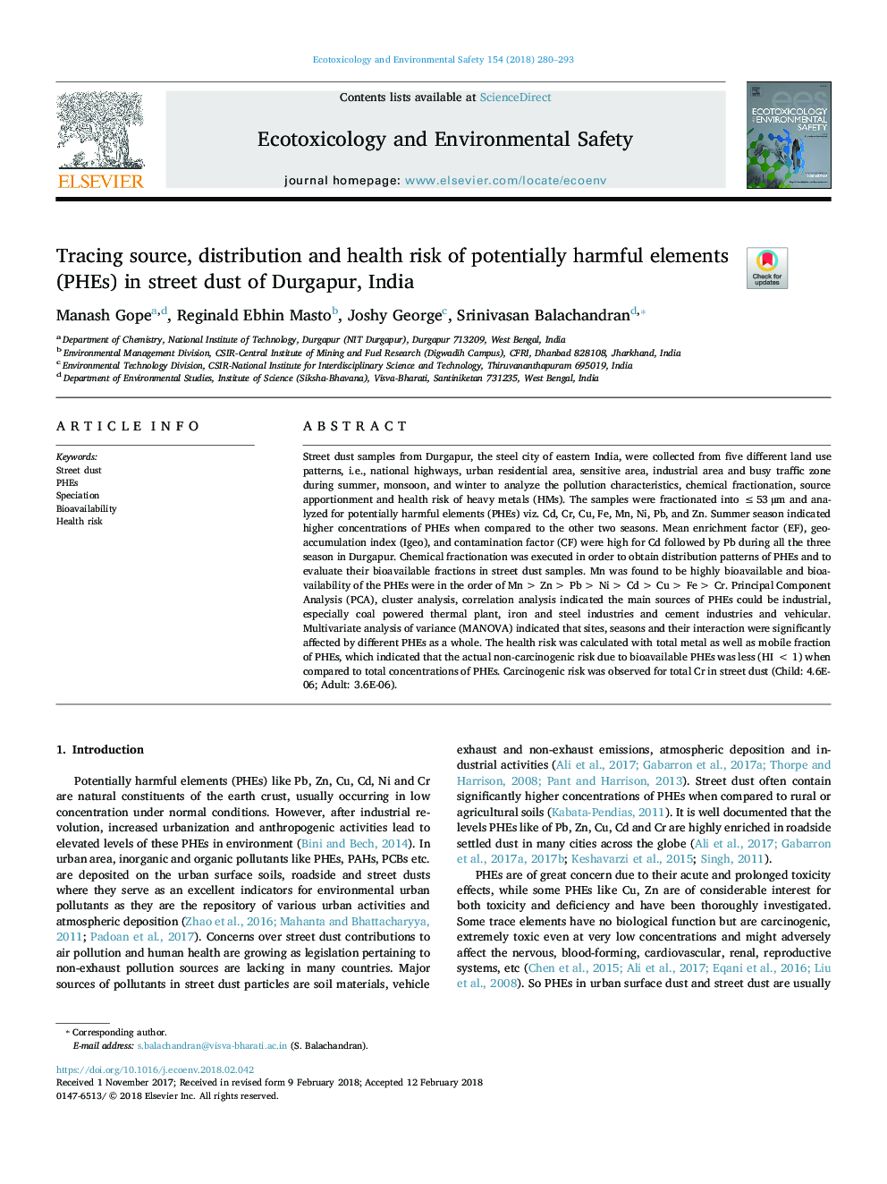 Tracing source, distribution and health risk of potentially harmful elements (PHEs) in street dust of Durgapur, India