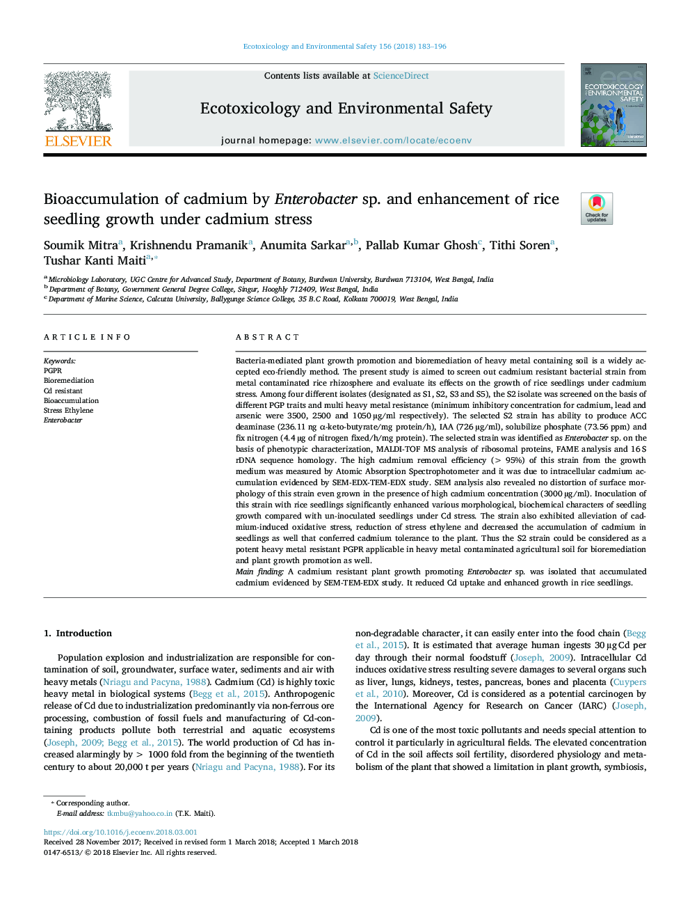 Bioaccumulation of cadmium by Enterobacter sp. and enhancement of rice seedling growth under cadmium stress