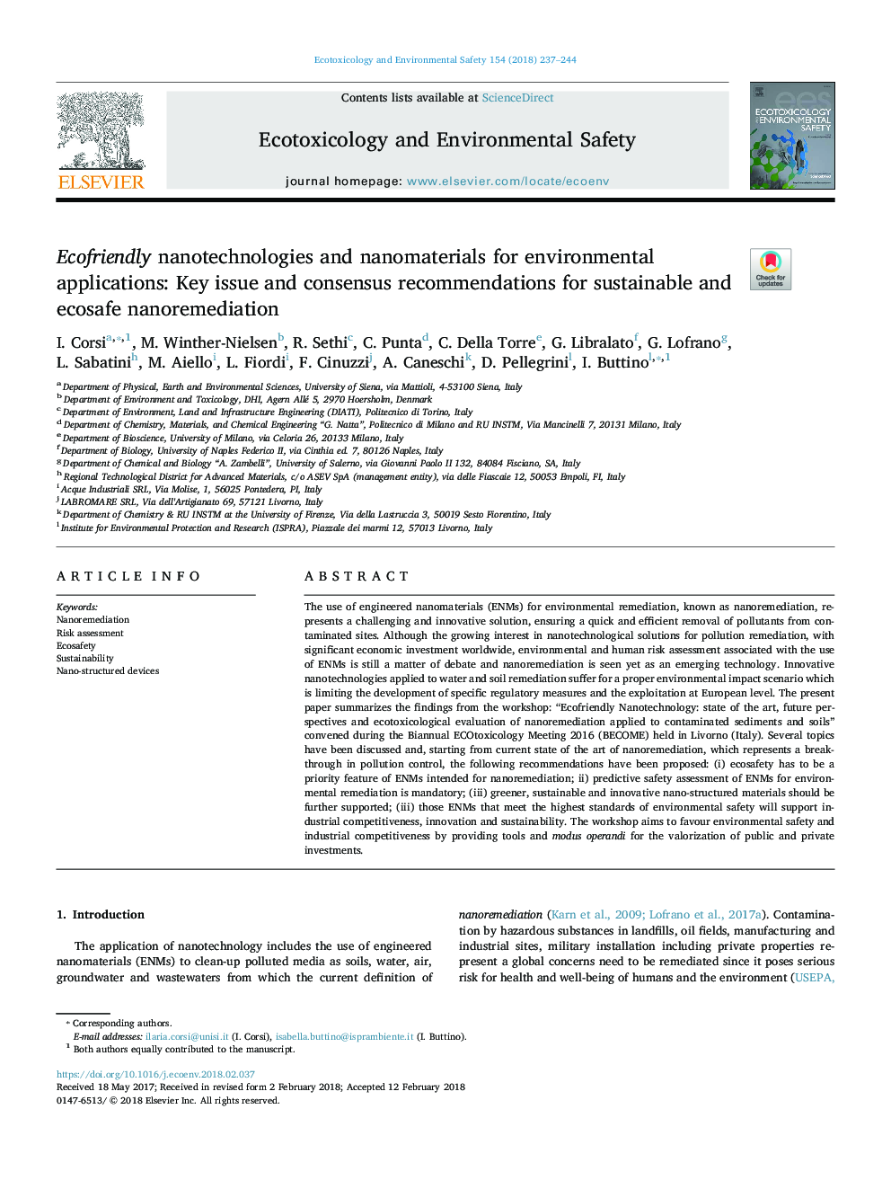 Ecofriendly nanotechnologies and nanomaterials for environmental applications: Key issue and consensus recommendations for sustainable and ecosafe nanoremediation