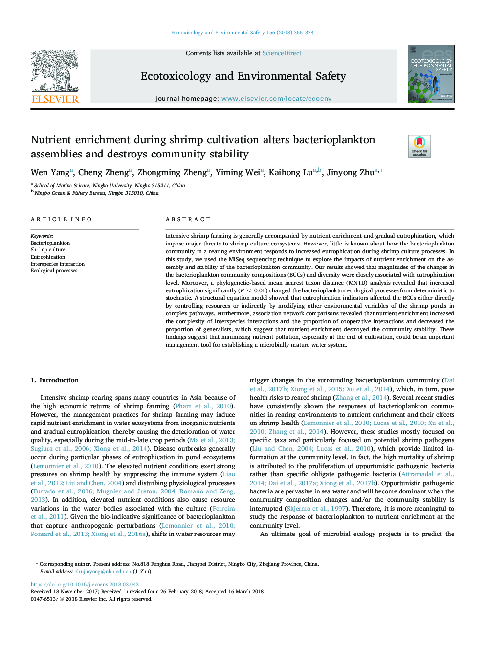 Nutrient enrichment during shrimp cultivation alters bacterioplankton assemblies and destroys community stability