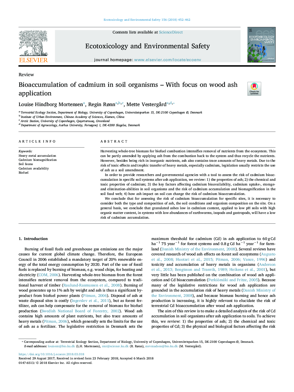 Bioaccumulation of cadmium in soil organisms - With focus on wood ash application