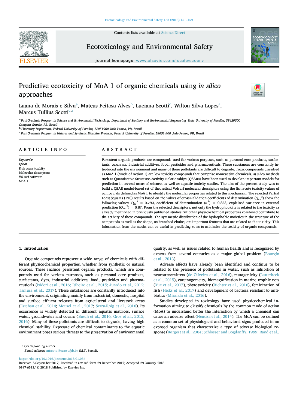 Predictive ecotoxicity of MoA 1 of organic chemicals using in silico approaches