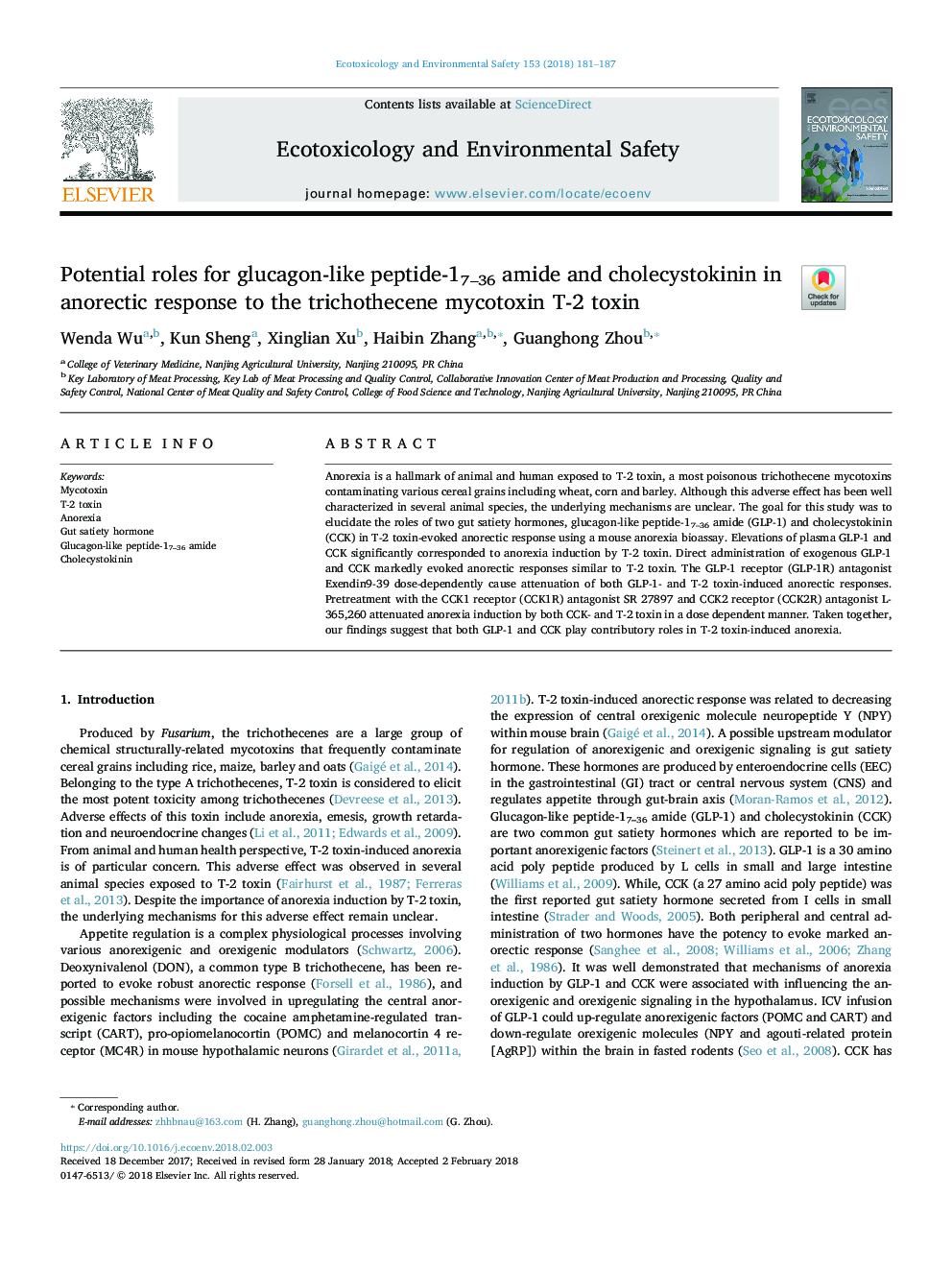 Potential roles for glucagon-like peptide-17-36 amide and cholecystokinin in anorectic response to the trichothecene mycotoxin T-2 toxin