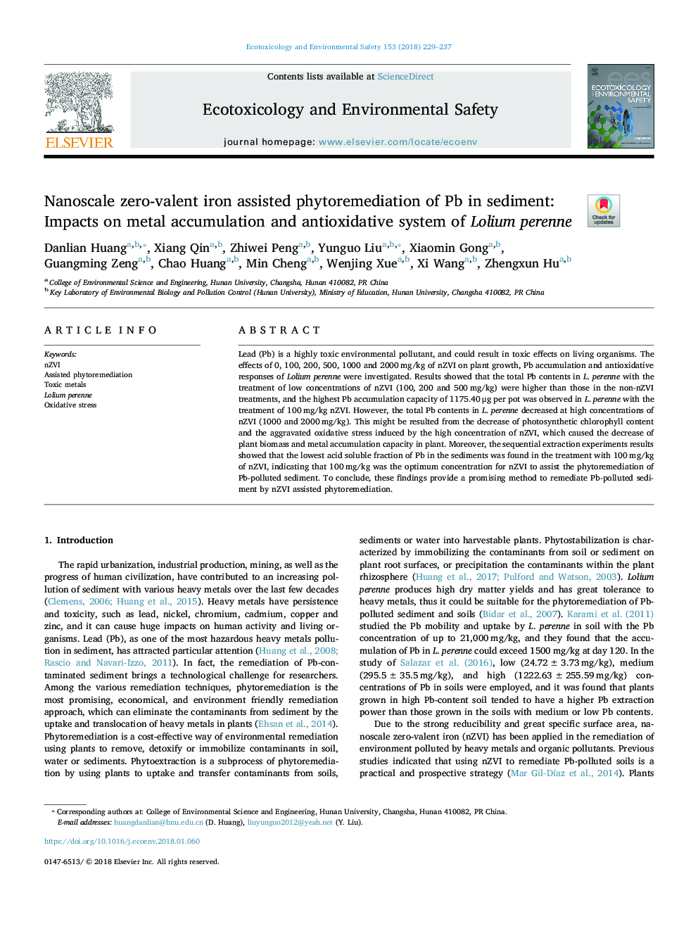 Nanoscale zero-valent iron assisted phytoremediation of Pb in sediment: Impacts on metal accumulation and antioxidative system of Lolium perenne