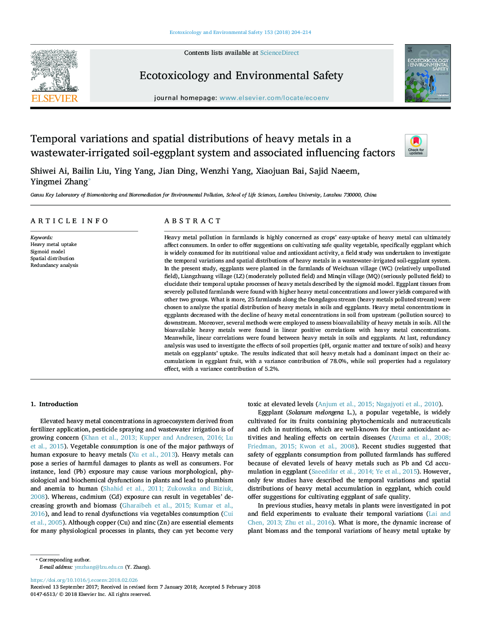 Temporal variations and spatial distributions of heavy metals in a wastewater-irrigated soil-eggplant system and associated influencing factors