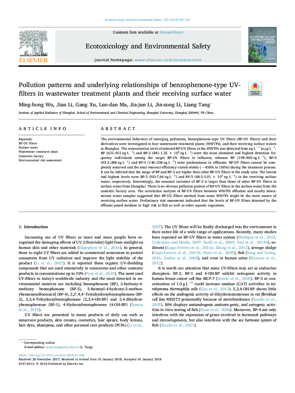 Pollution patterns and underlying relationships of benzophenone-type UV-filters in wastewater treatment plants and their receiving surface water