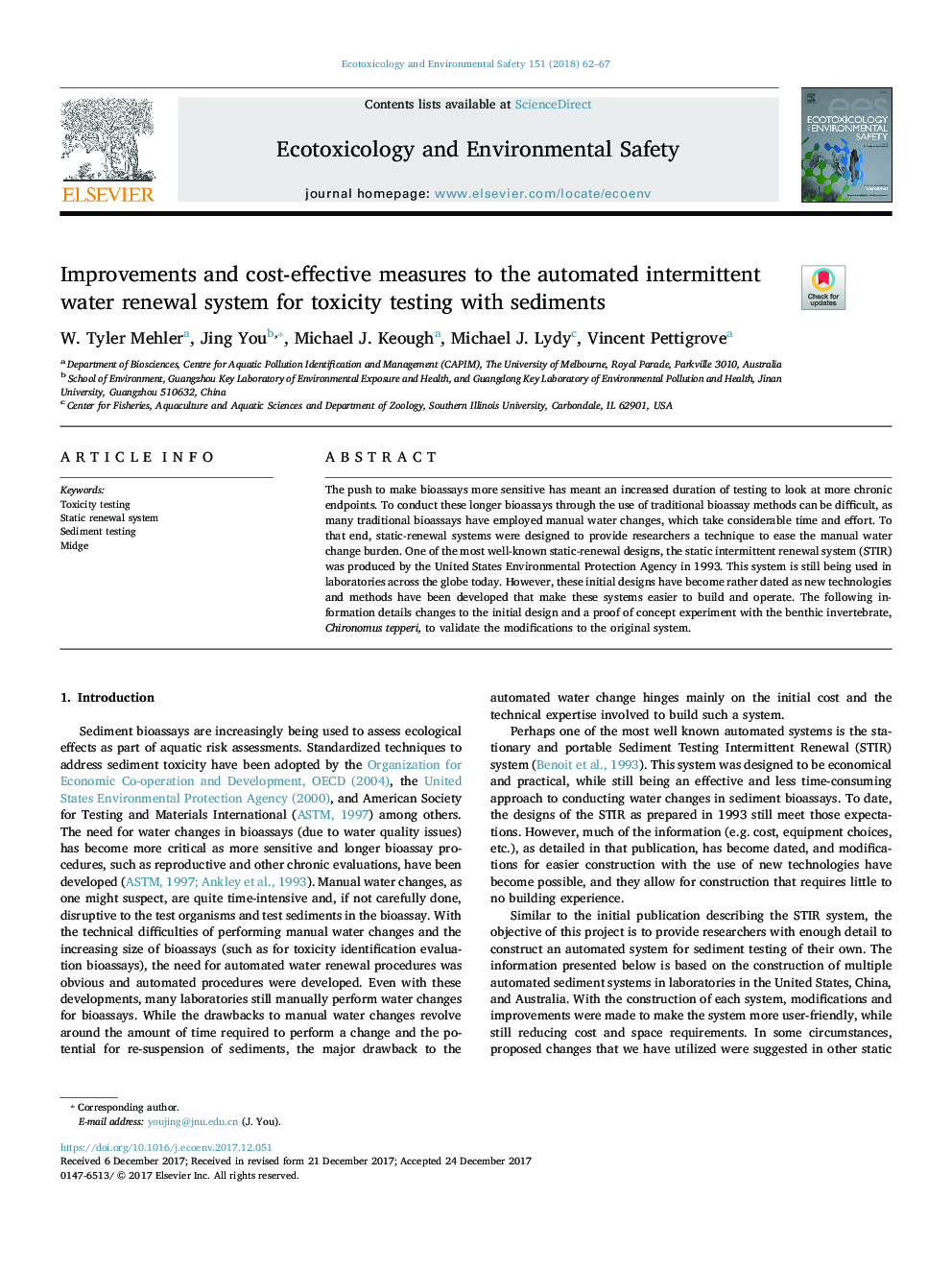 Improvements and cost-effective measures to the automated intermittent water renewal system for toxicity testing with sediments