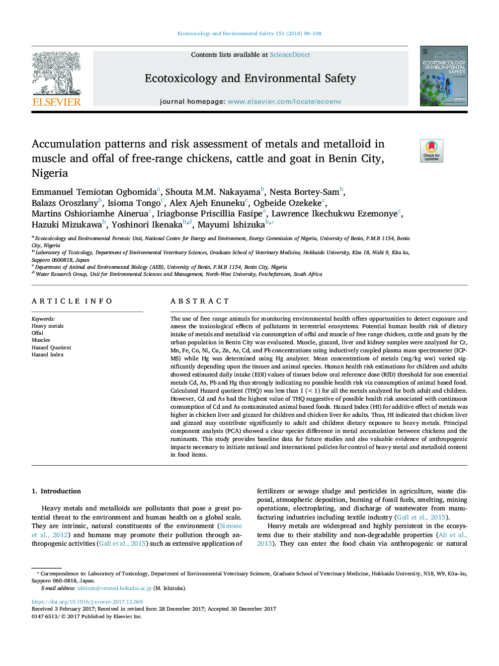 Accumulation patterns and risk assessment of metals and metalloid in muscle and offal of free-range chickens, cattle and goat in Benin City, Nigeria