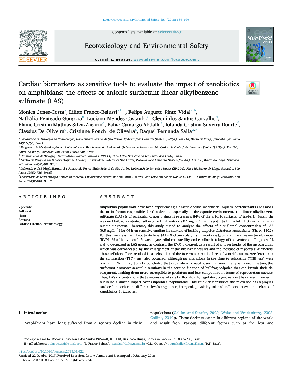 Cardiac biomarkers as sensitive tools to evaluate the impact of xenobiotics on amphibians: the effects of anionic surfactant linear alkylbenzene sulfonate (LAS)