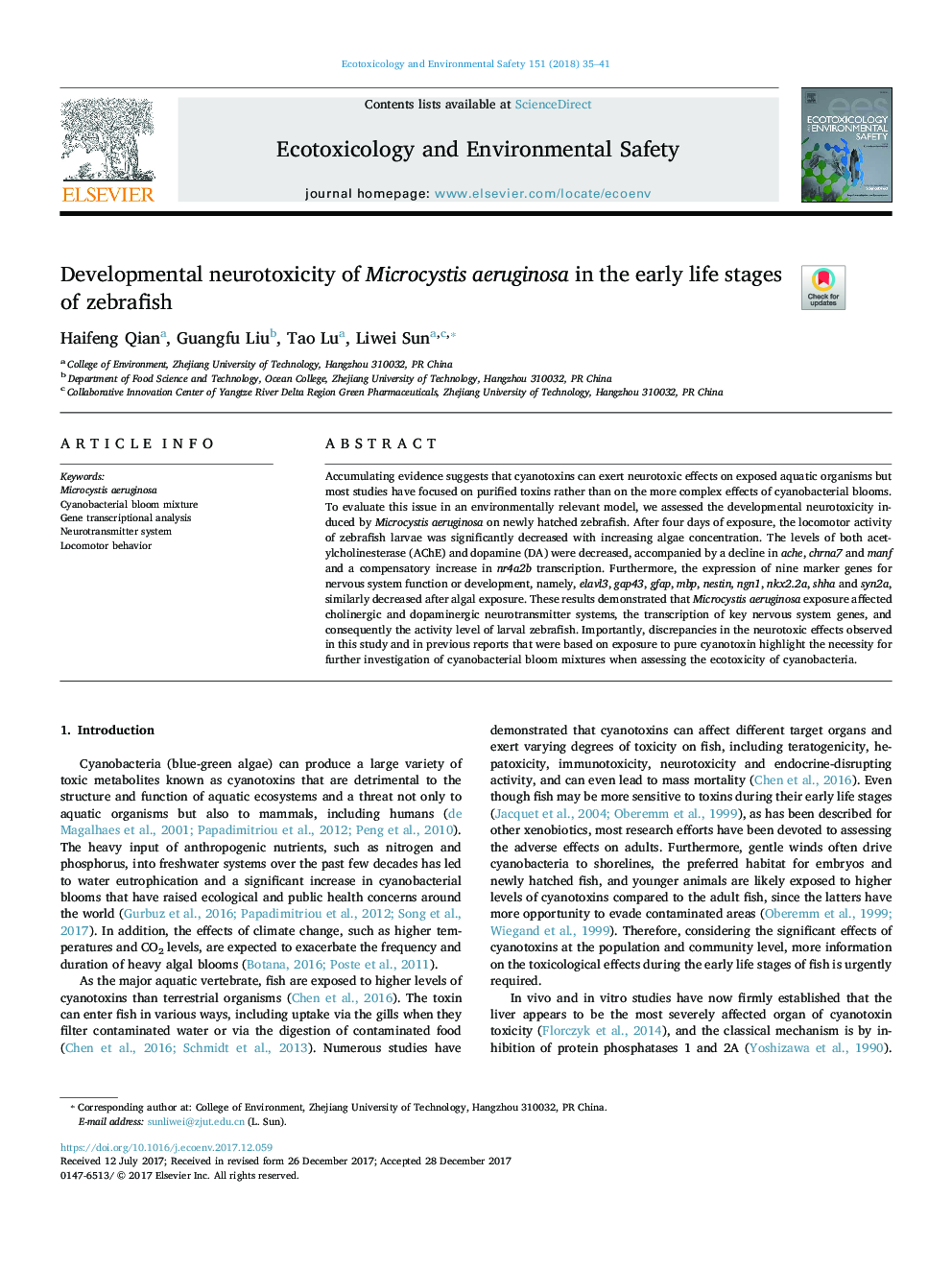 Developmental neurotoxicity of Microcystis aeruginosa in the early life stages of zebrafish