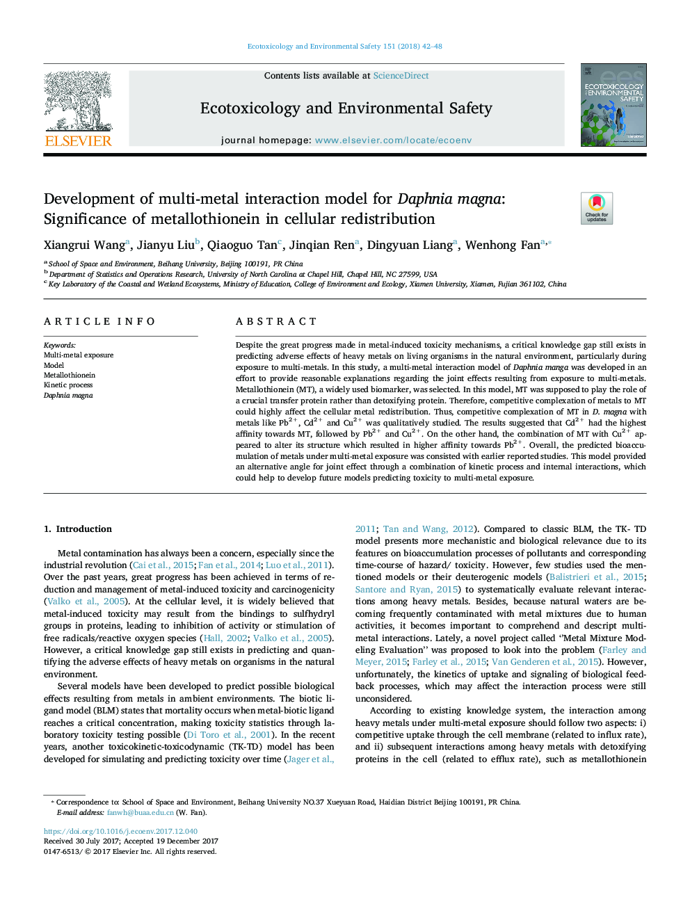 Development of multi-metal interaction model for Daphnia magna: Significance of metallothionein in cellular redistribution