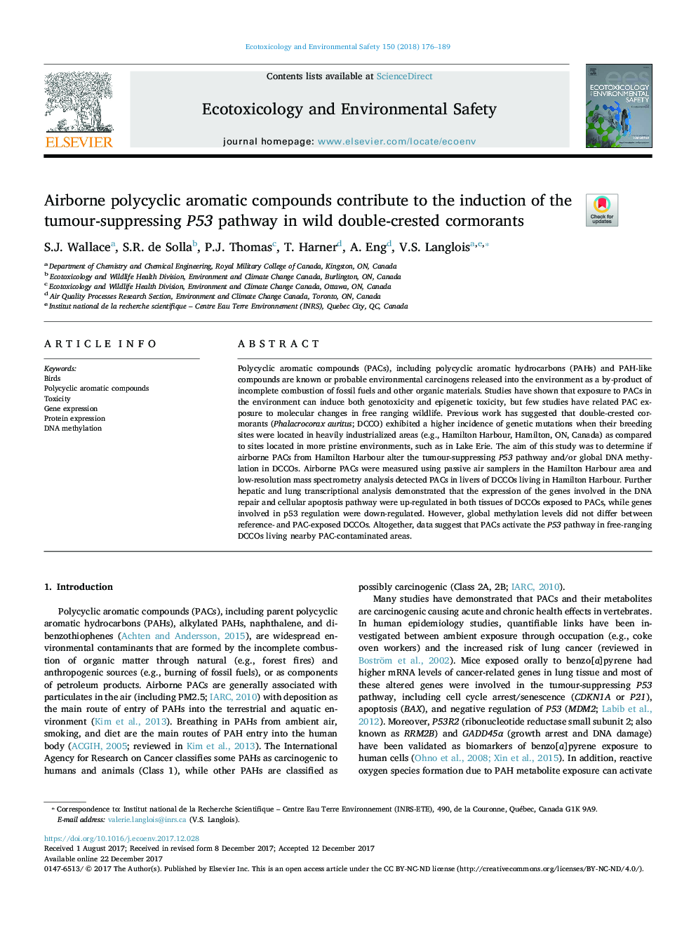 Airborne polycyclic aromatic compounds contribute to the induction of the tumour-suppressing P53 pathway in wild double-crested cormorants