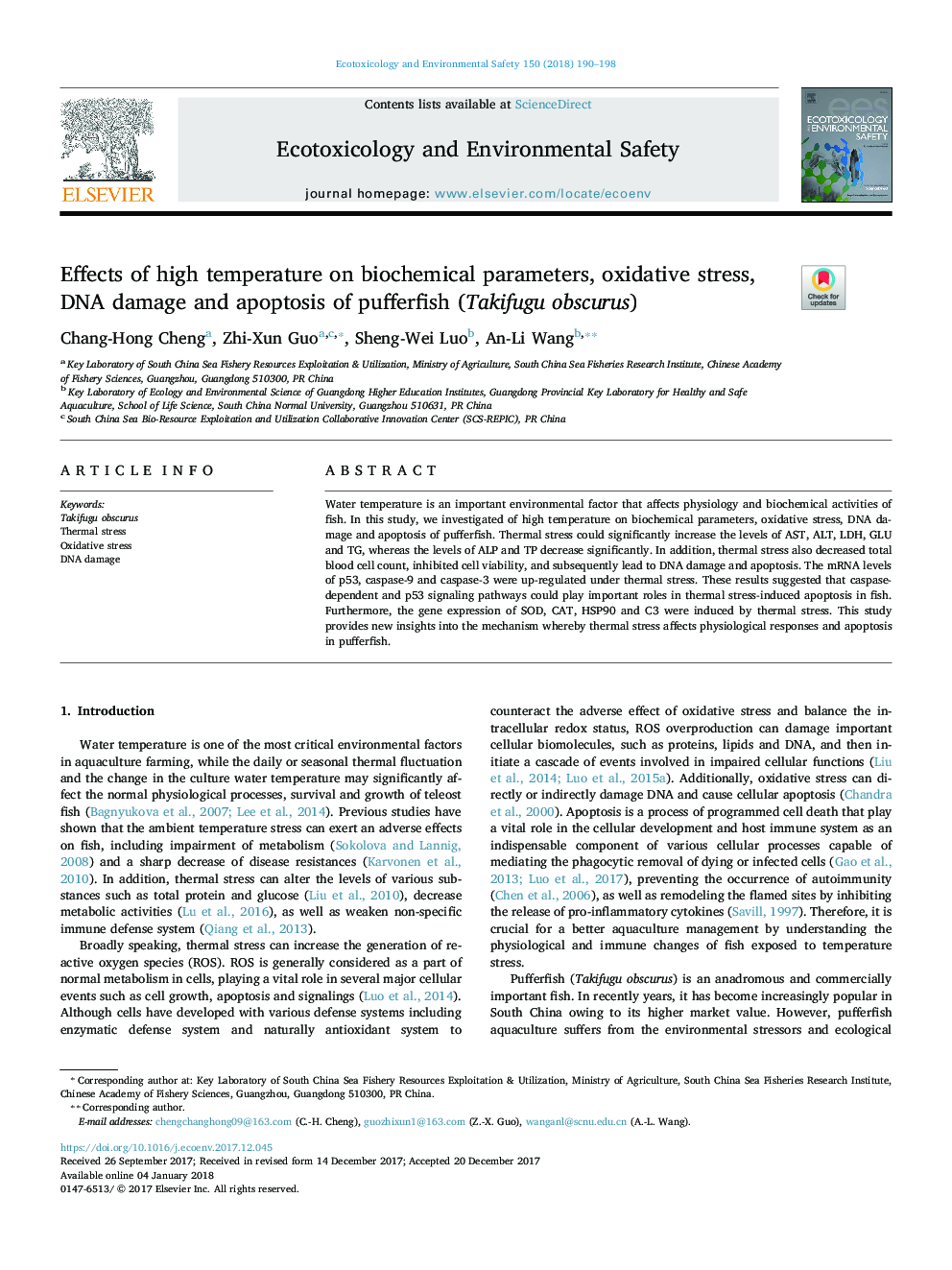 Effects of high temperature on biochemical parameters, oxidative stress, DNA damage and apoptosis of pufferfish (Takifugu obscurus)