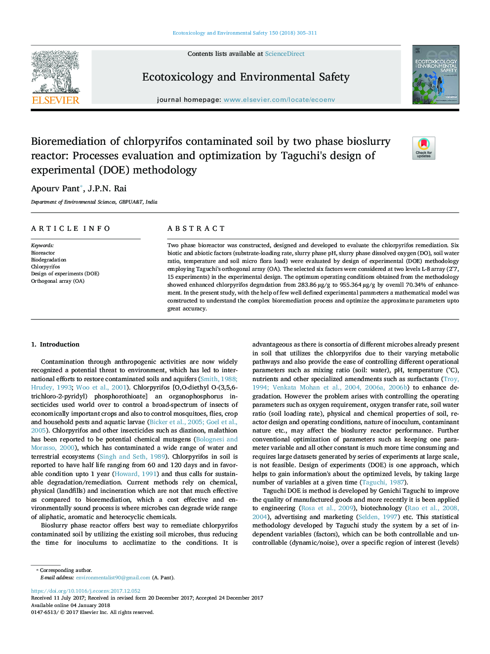 Bioremediation of chlorpyrifos contaminated soil by two phase bioslurry reactor: Processes evaluation and optimization by Taguchi's design of experimental (DOE) methodology