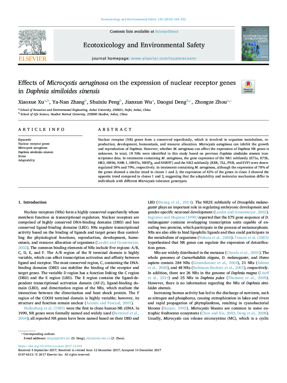 Effects of Microcystis aeruginosa on the expression of nuclear receptor genes in Daphnia similoides sinensis