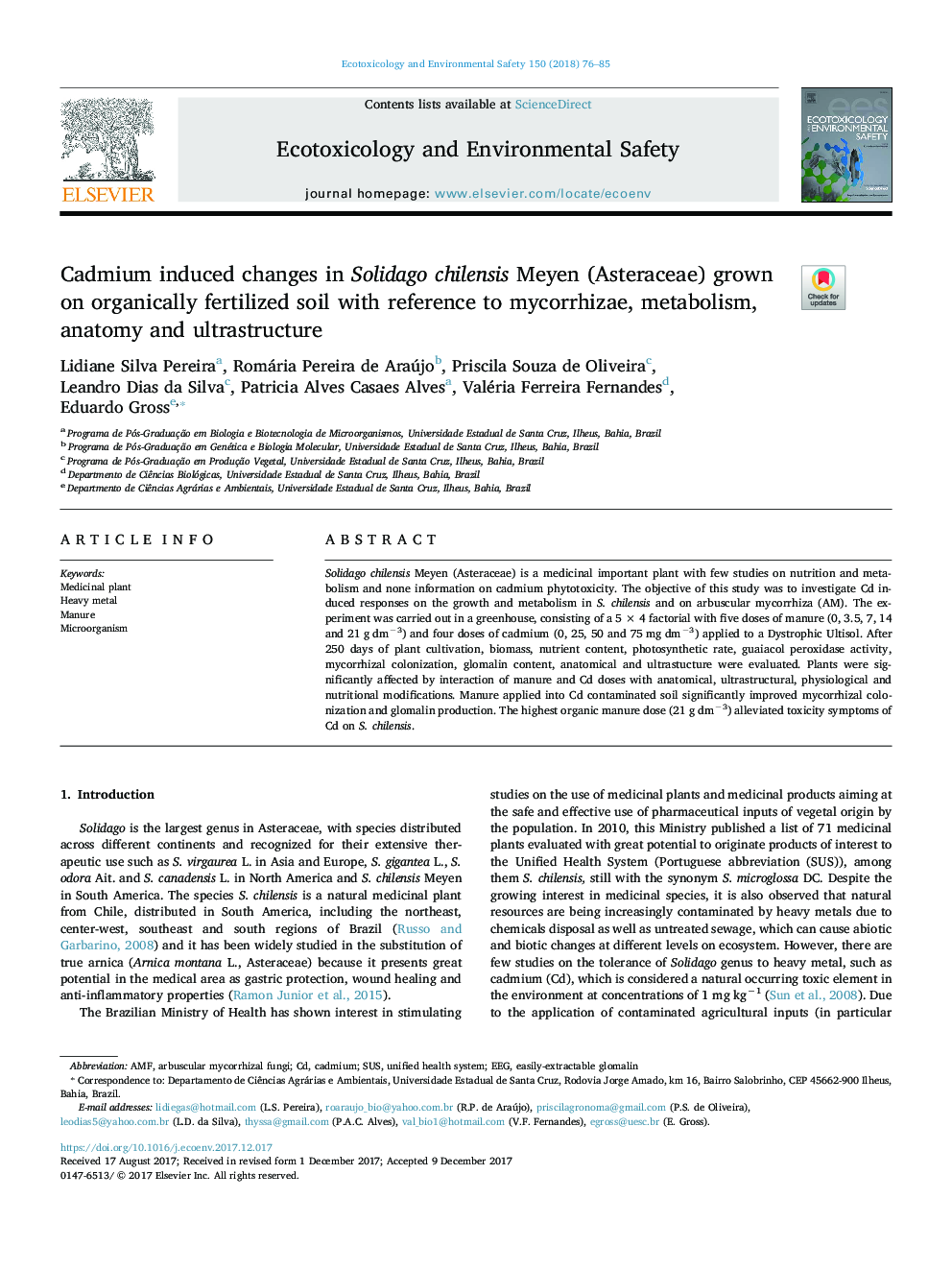 Cadmium induced changes in Solidago chilensis Meyen (Asteraceae) grown on organically fertilized soil with reference to mycorrhizae, metabolism, anatomy and ultrastructure