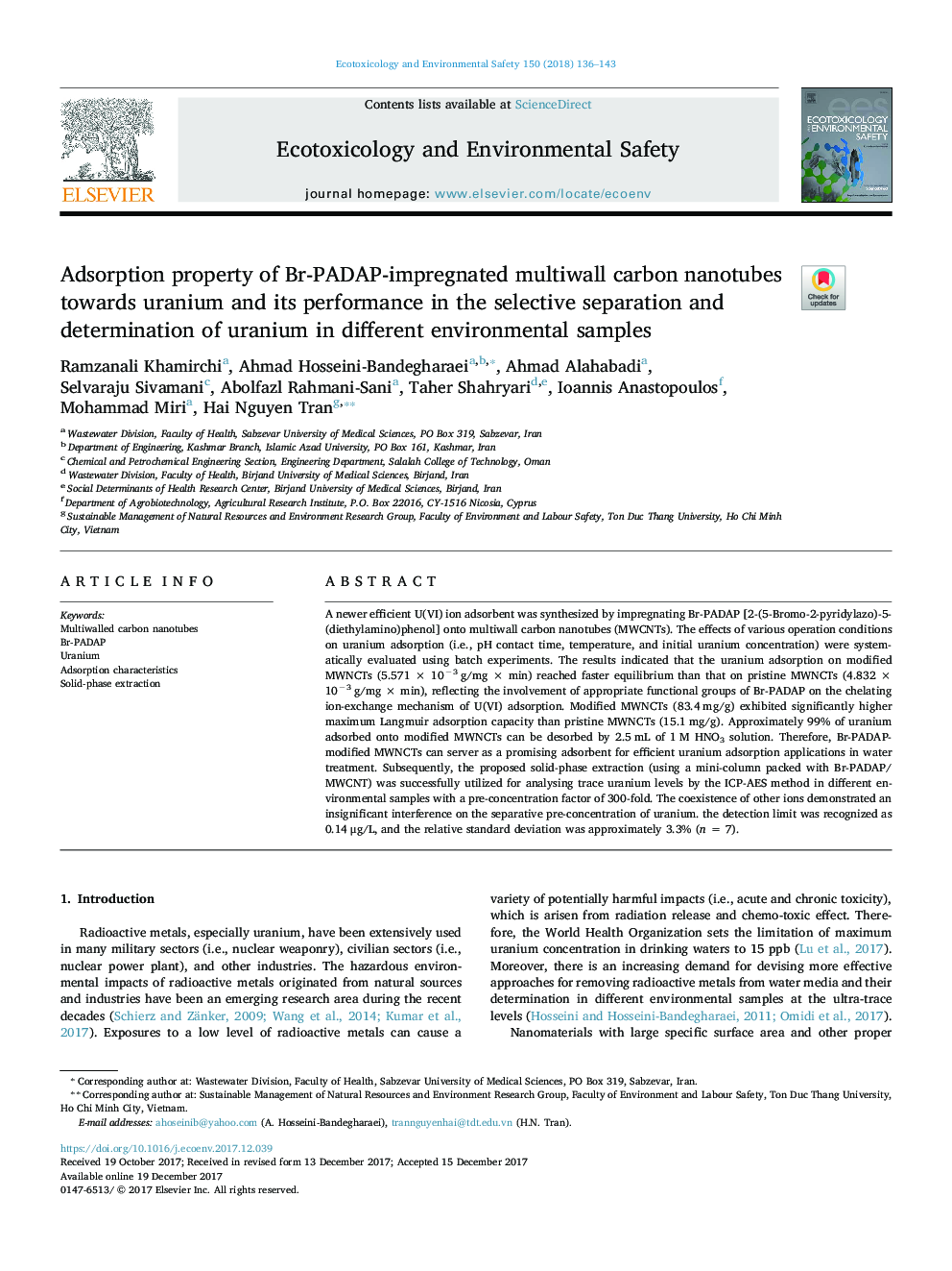 Adsorption property of Br-PADAP-impregnated multiwall carbon nanotubes towards uranium and its performance in the selective separation and determination of uranium in different environmental samples