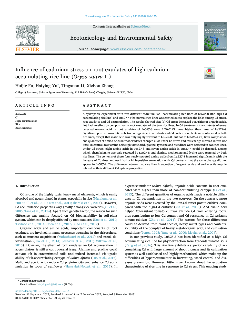 Influence of cadmium stress on root exudates of high cadmium accumulating rice line (Oryza sativa L.)