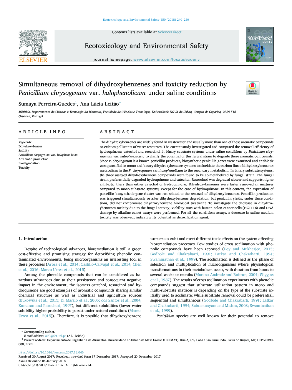 Simultaneous removal of dihydroxybenzenes and toxicity reduction by Penicillium chrysogenum var. halophenolicum under saline conditions