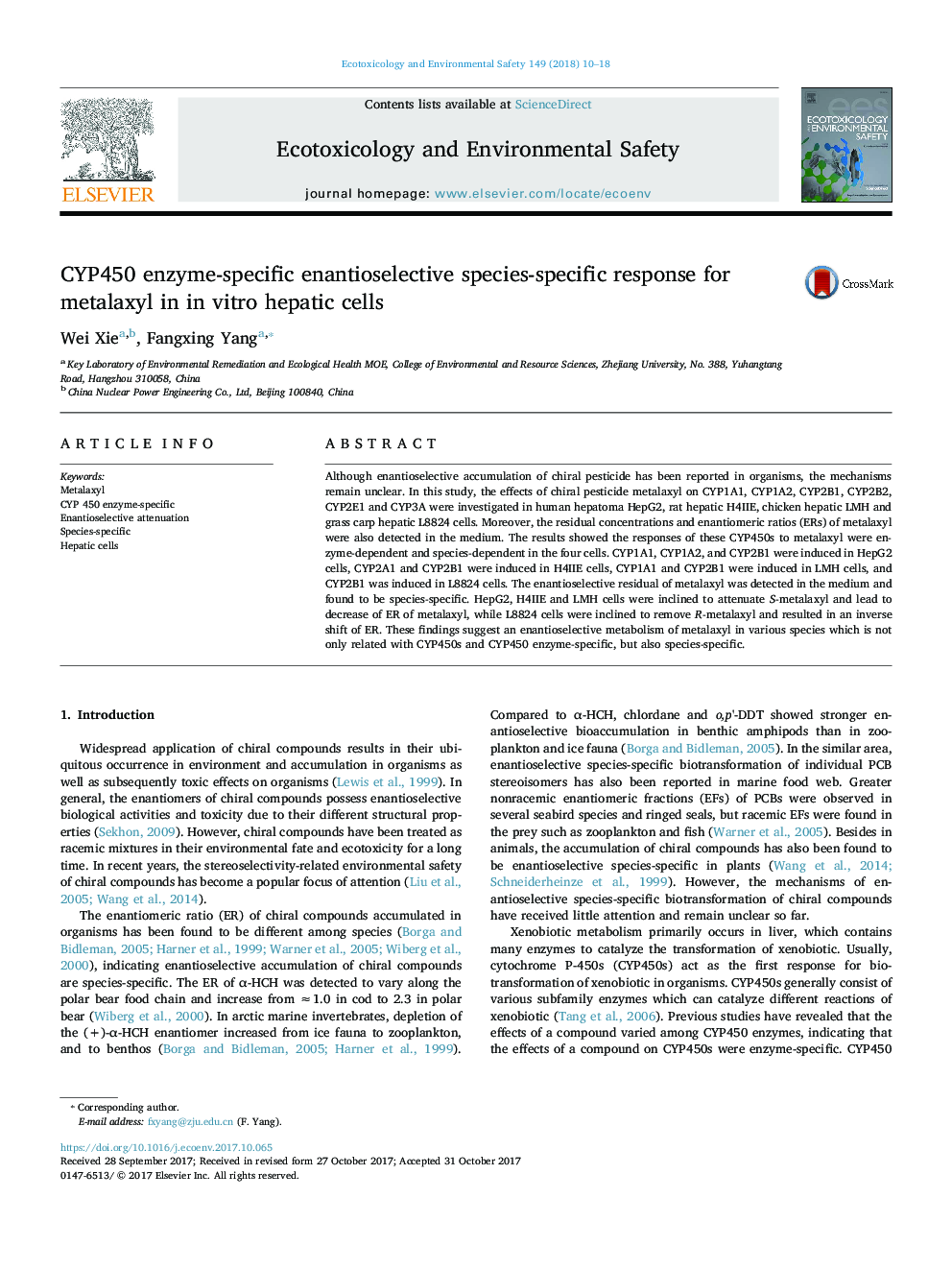 CYP450 enzyme-specific enantioselective species-specific response for metalaxyl in in vitro hepatic cells