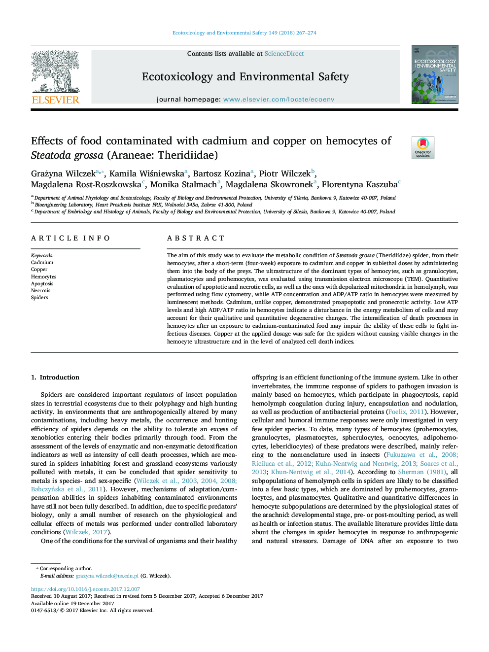 Effects of food contaminated with cadmium and copper on hemocytes of Steatoda grossa (Araneae: Theridiidae)