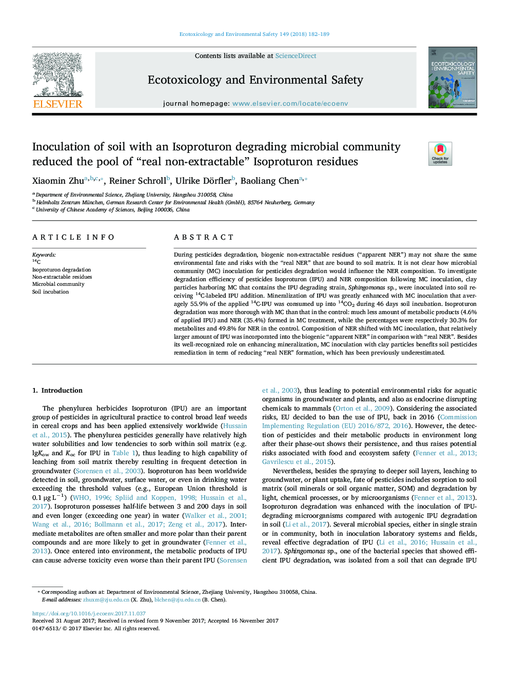 Inoculation of soil with an Isoproturon degrading microbial community reduced the pool of “real non-extractable” Isoproturon residues