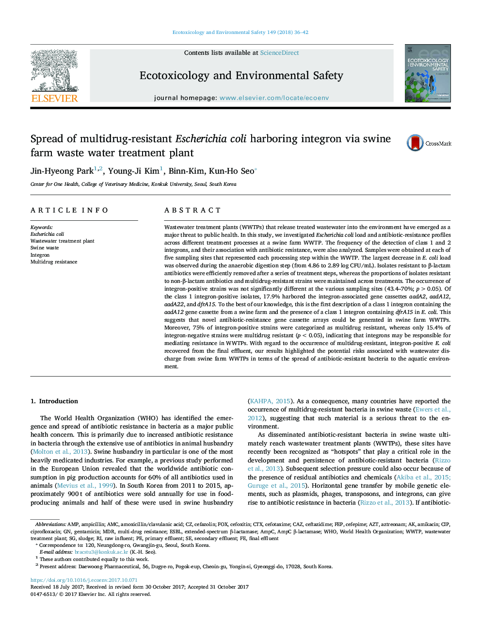 Spread of multidrug-resistant Escherichia coli harboring integron via swine farm waste water treatment plant