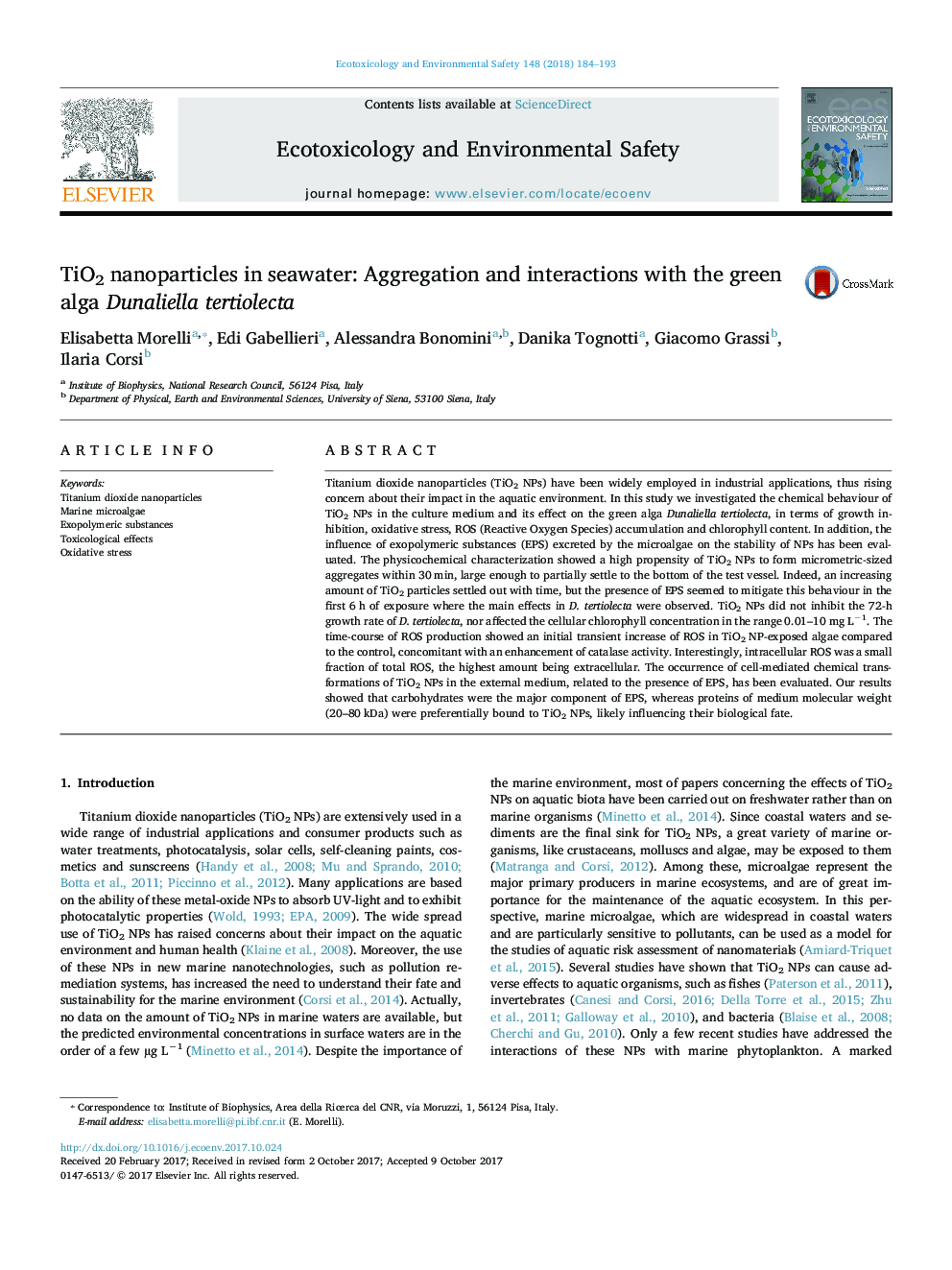 TiO2 nanoparticles in seawater: Aggregation and interactions with the green alga Dunaliella tertiolecta