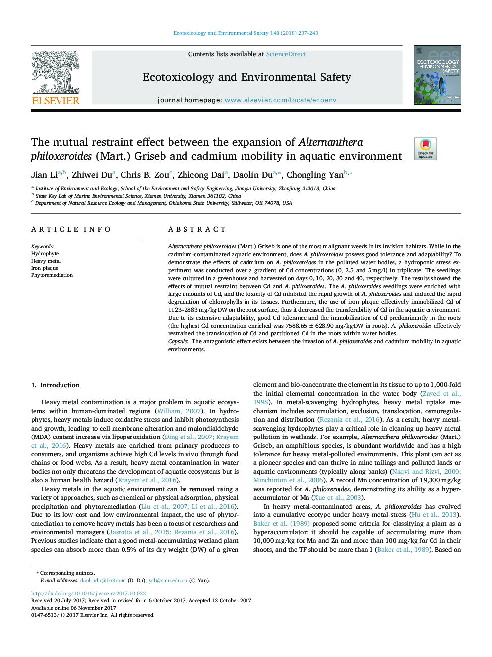 The mutual restraint effect between the expansion of Alternanthera philoxeroides (Mart.) Griseb and cadmium mobility in aquatic environment