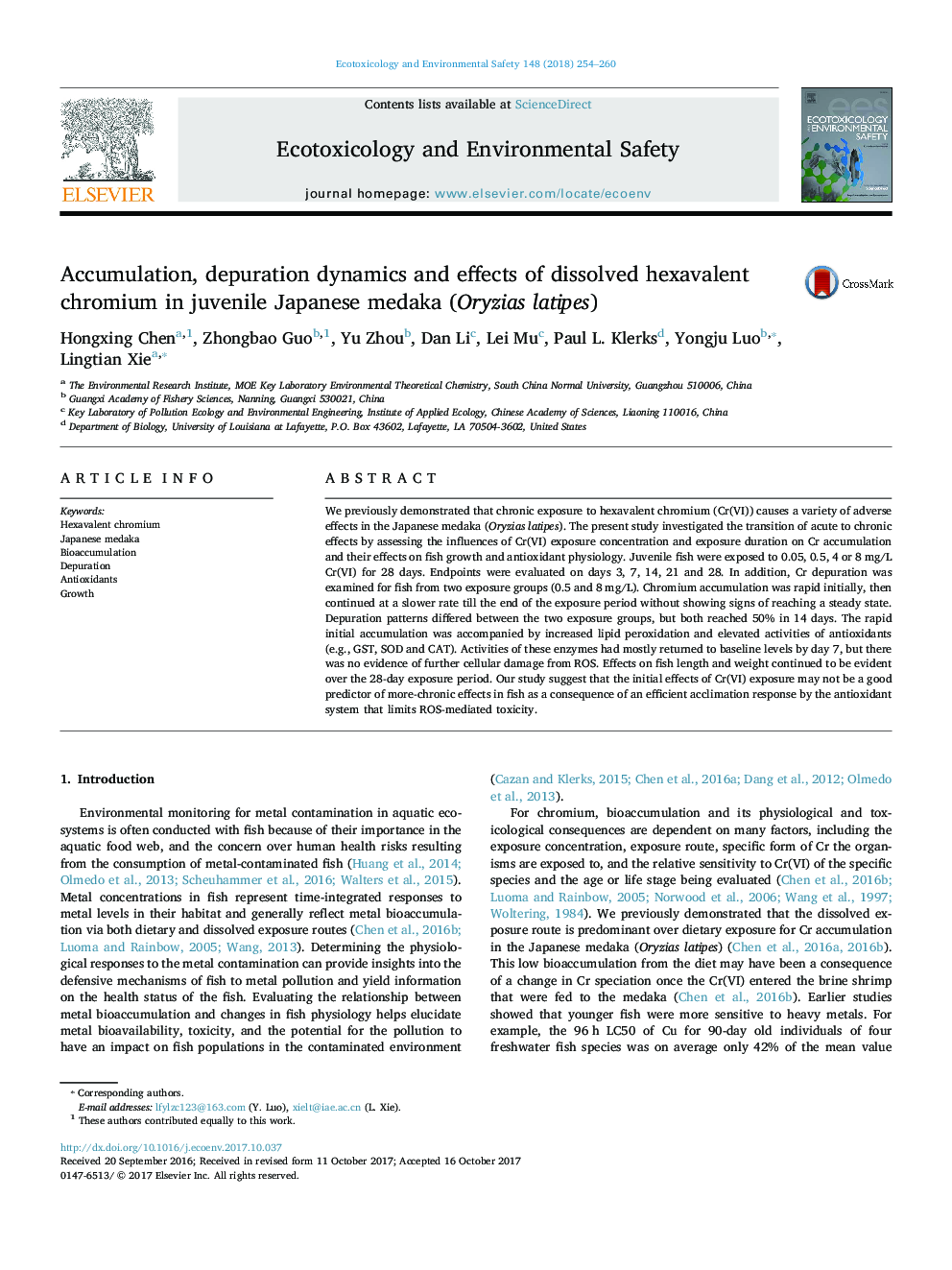 Accumulation, depuration dynamics and effects of dissolved hexavalent chromium in juvenile Japanese medaka (Oryzias latipes)