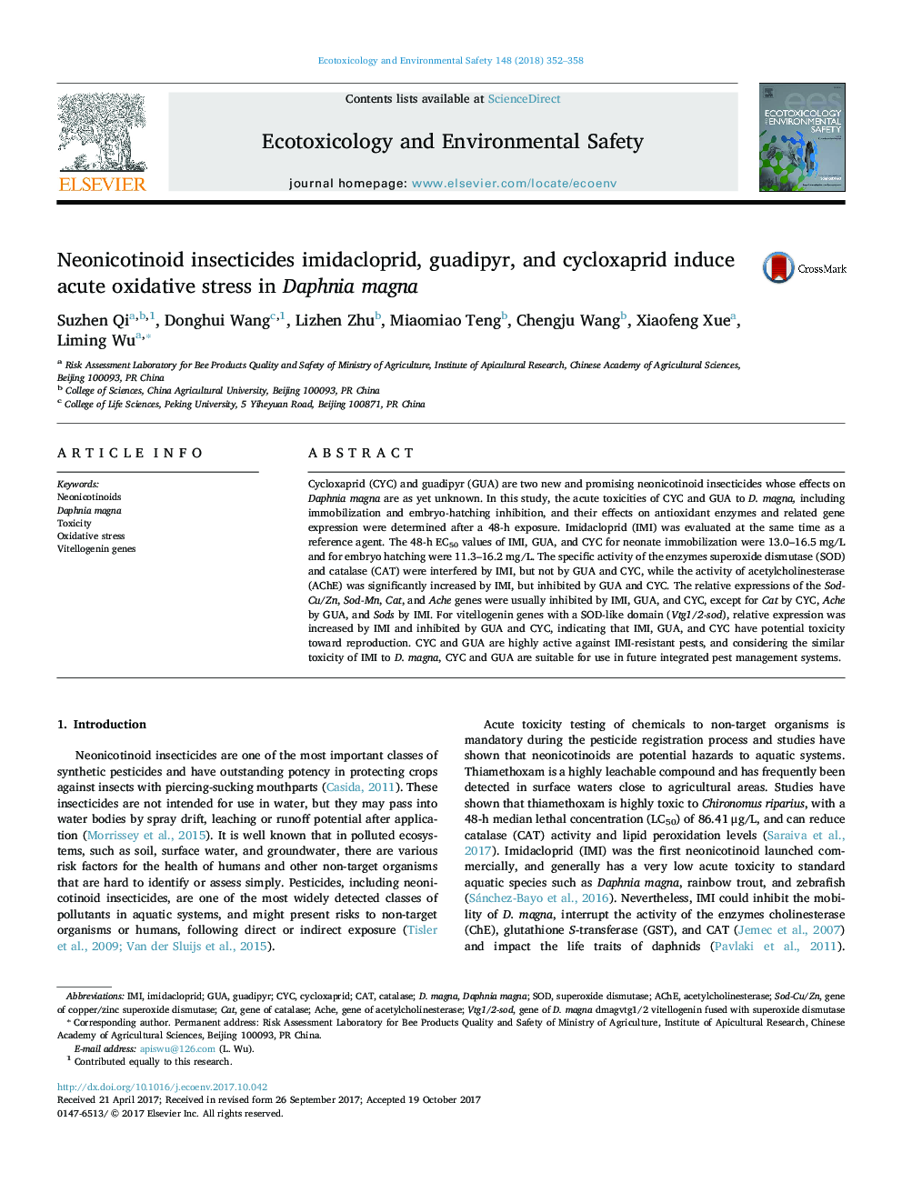 Neonicotinoid insecticides imidacloprid, guadipyr, and cycloxaprid induce acute oxidative stress in Daphnia magna