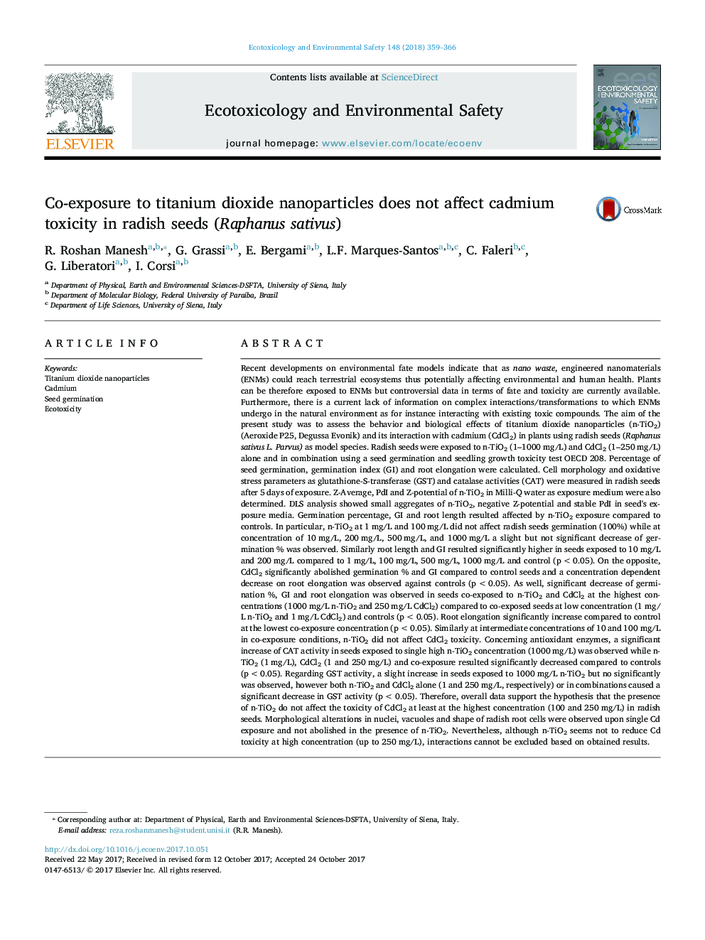 Co-exposure to titanium dioxide nanoparticles does not affect cadmium toxicity in radish seeds (Raphanus sativus)