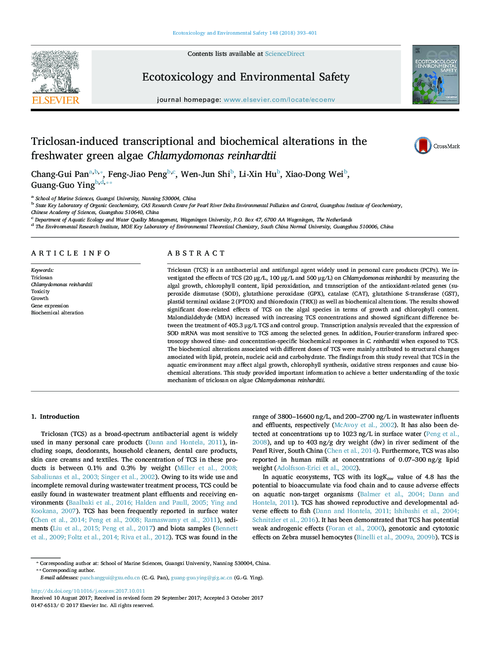 Triclosan-induced transcriptional and biochemical alterations in the freshwater green algae Chlamydomonas reinhardtii