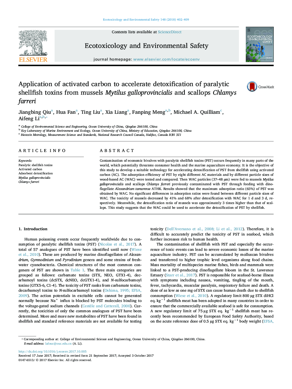 Application of activated carbon to accelerate detoxification of paralytic shellfish toxins from mussels Mytilus galloprovincialis and scallops Chlamys farreri