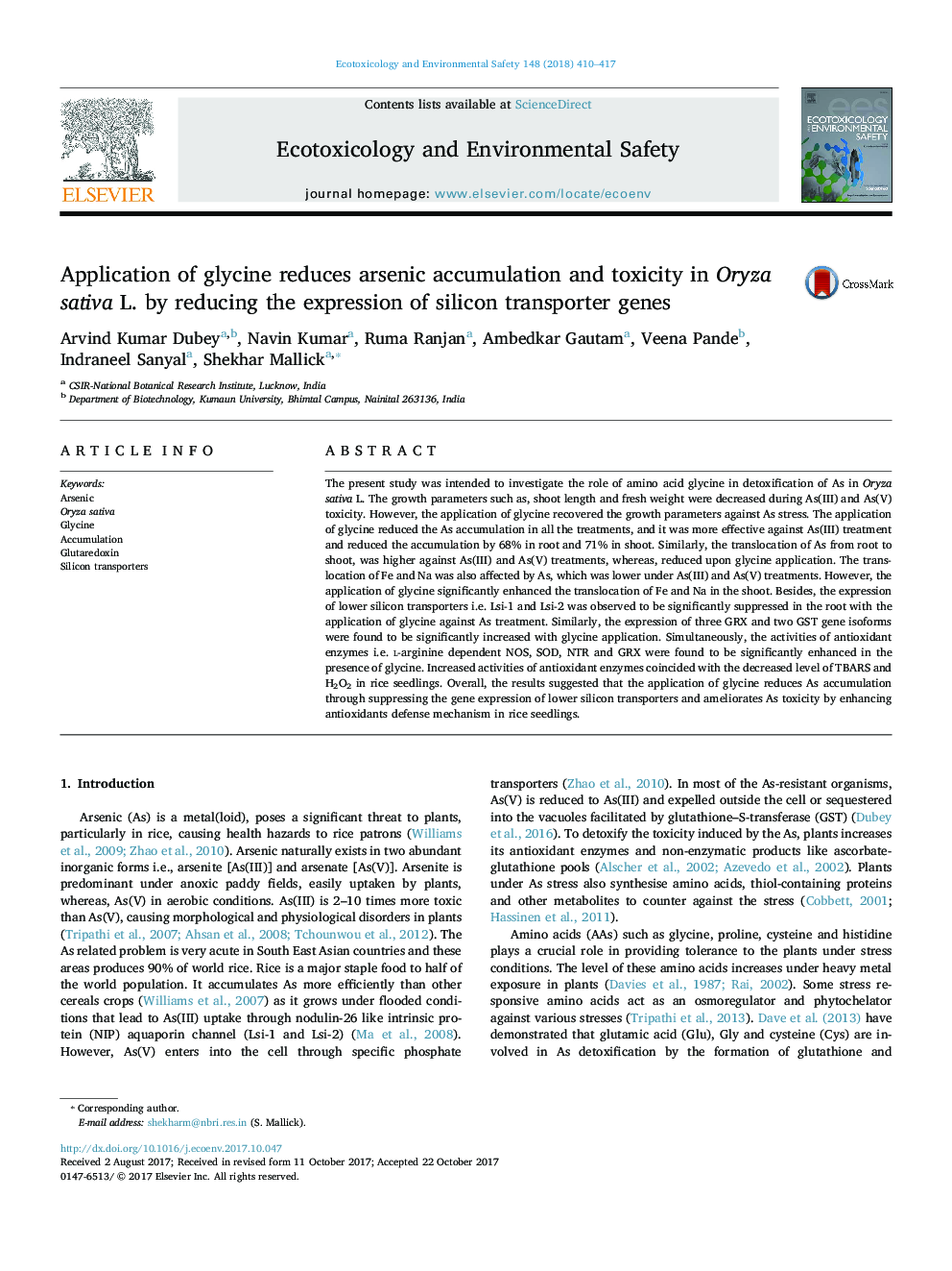 Application of glycine reduces arsenic accumulation and toxicity in Oryza sativa L. by reducing the expression of silicon transporter genes