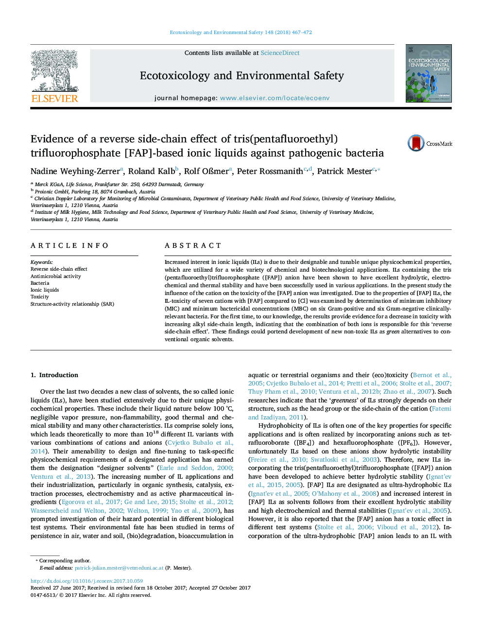 Evidence of a reverse side-chain effect of tris(pentafluoroethyl)trifluorophosphate [FAP]-based ionic liquids against pathogenic bacteria