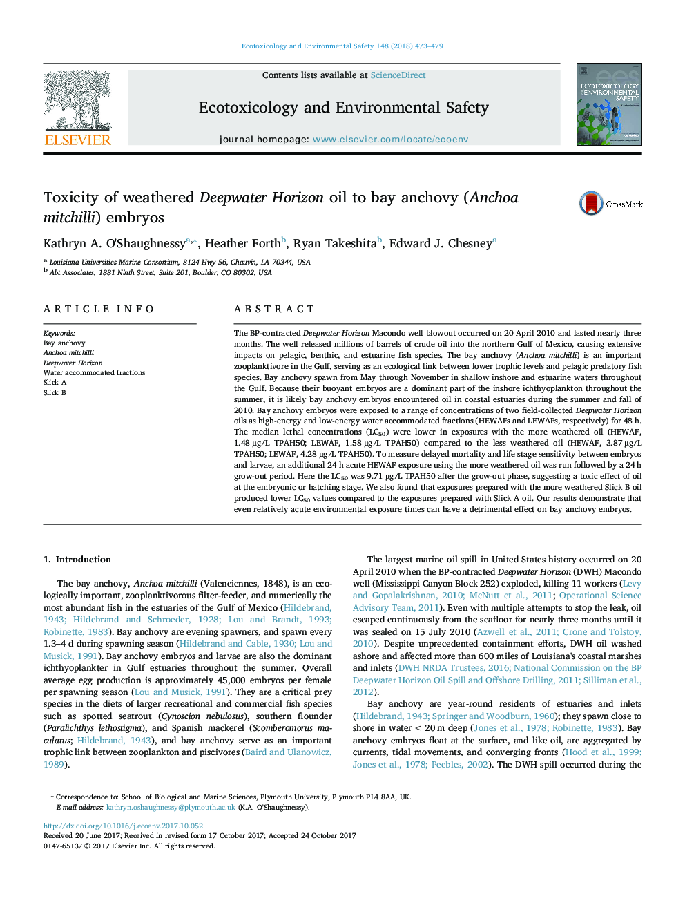 Toxicity of weathered Deepwater Horizon oil to bay anchovy (Anchoa mitchilli) embryos