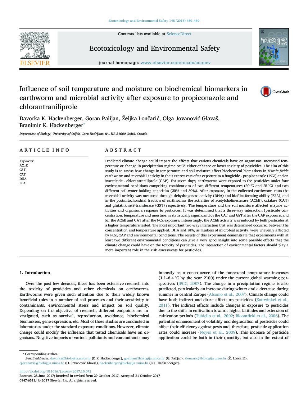 Influence of soil temperature and moisture on biochemical biomarkers in earthworm and microbial activity after exposure to propiconazole and chlorantraniliprole