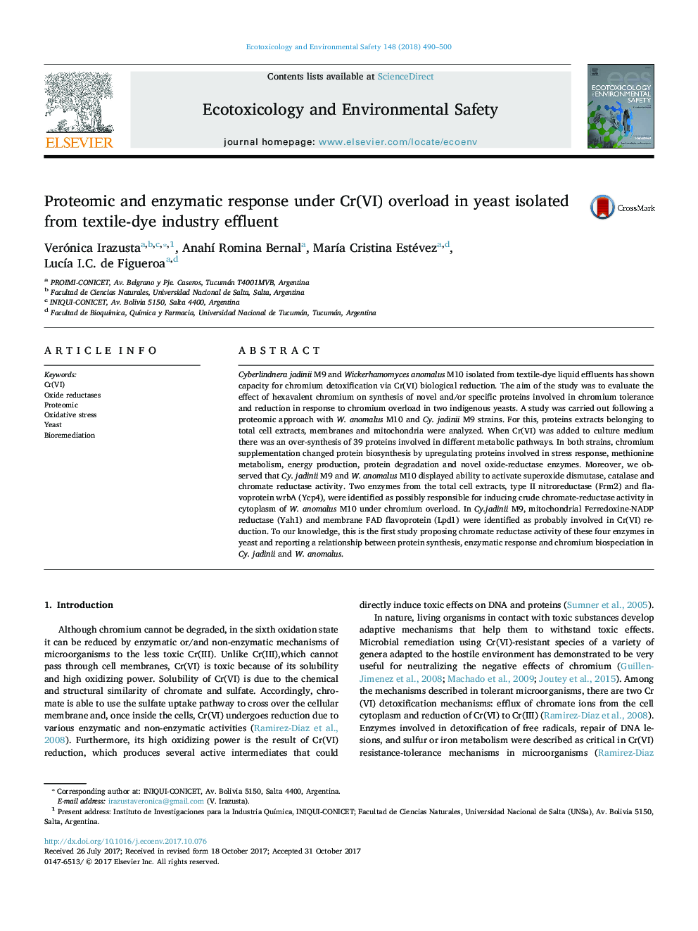 Proteomic and enzymatic response under Cr(VI) overload in yeast isolated from textile-dye industry effluent